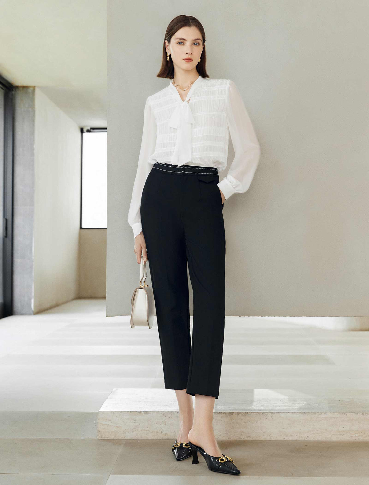 White Ruched Tie-Neck Blouse