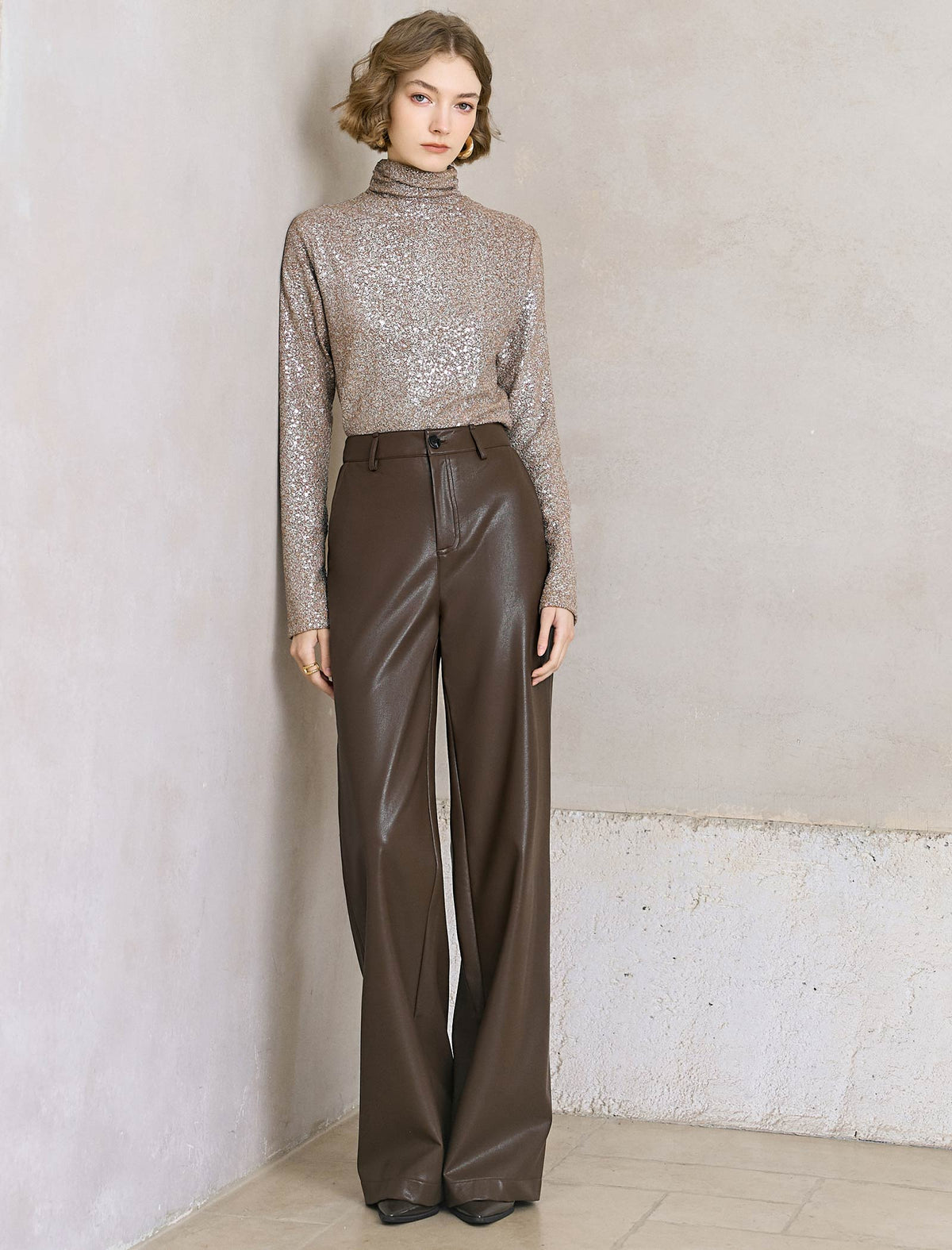 All-Over Sequin Turtleneck Long-Sleeve Top