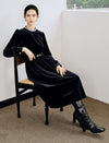 Velvet-Trim Crewneck Fitted Dress
