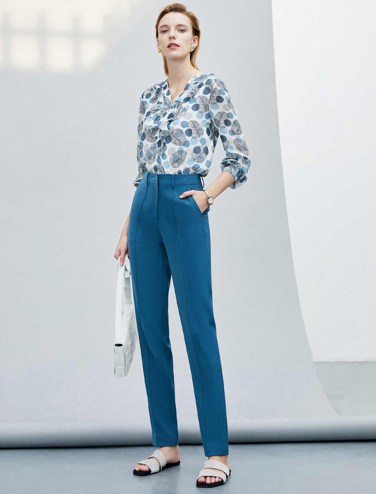 Leaf Print Ruffle Front Blouse