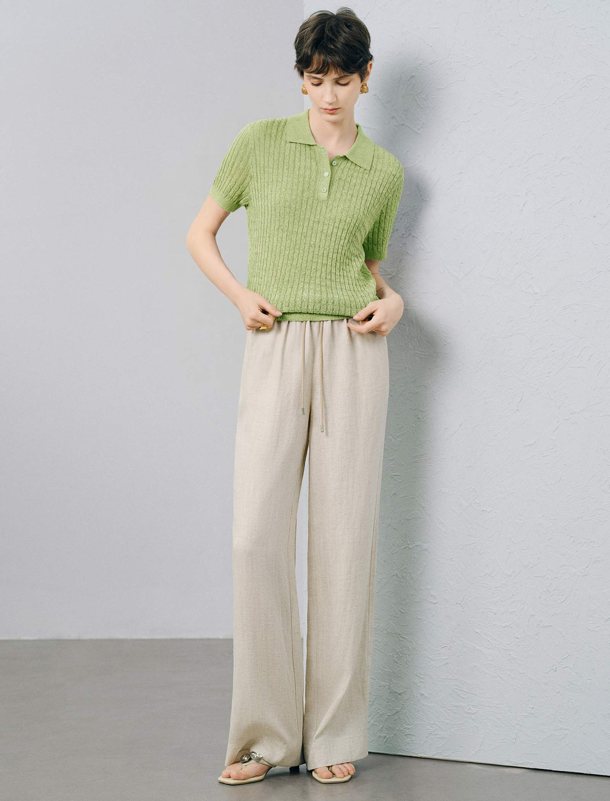 Polo Collar Textured Knit Short‑Sleeve Top
