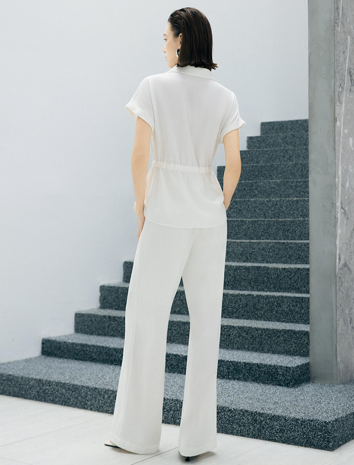 Zip Front Drawstring Waist Utility Shirt Top