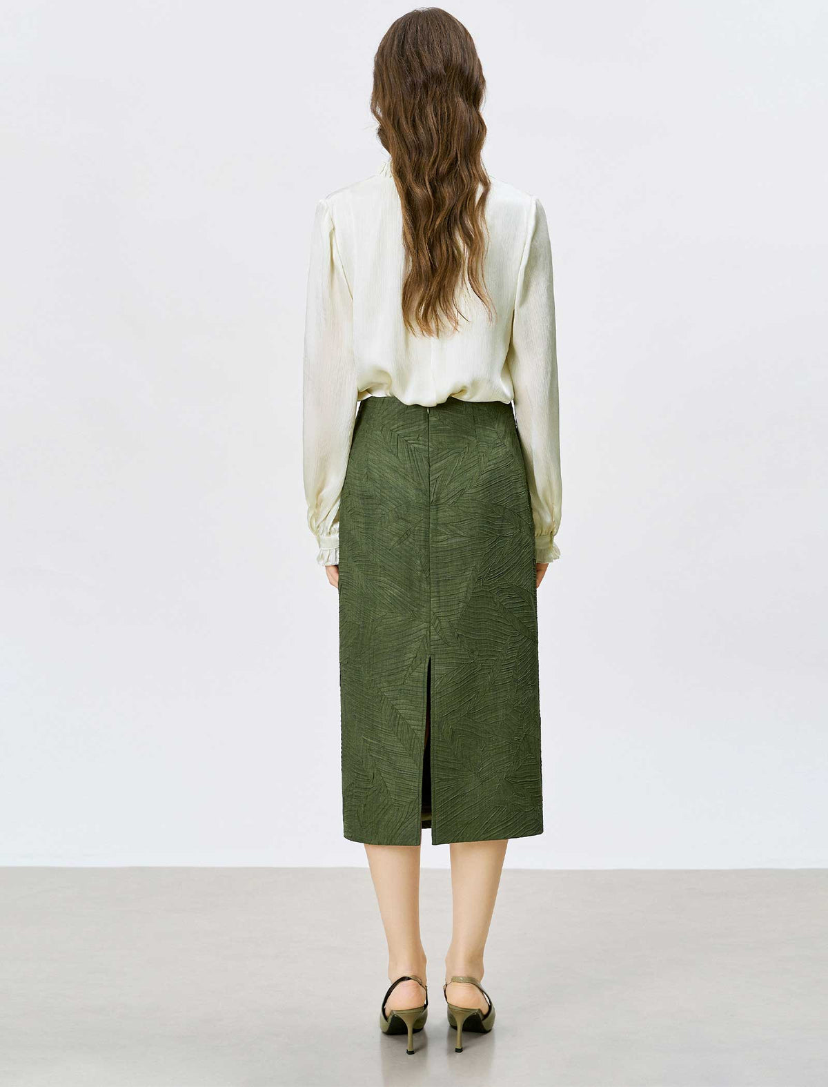 Dark Green Textured Midi Pencil Skirt