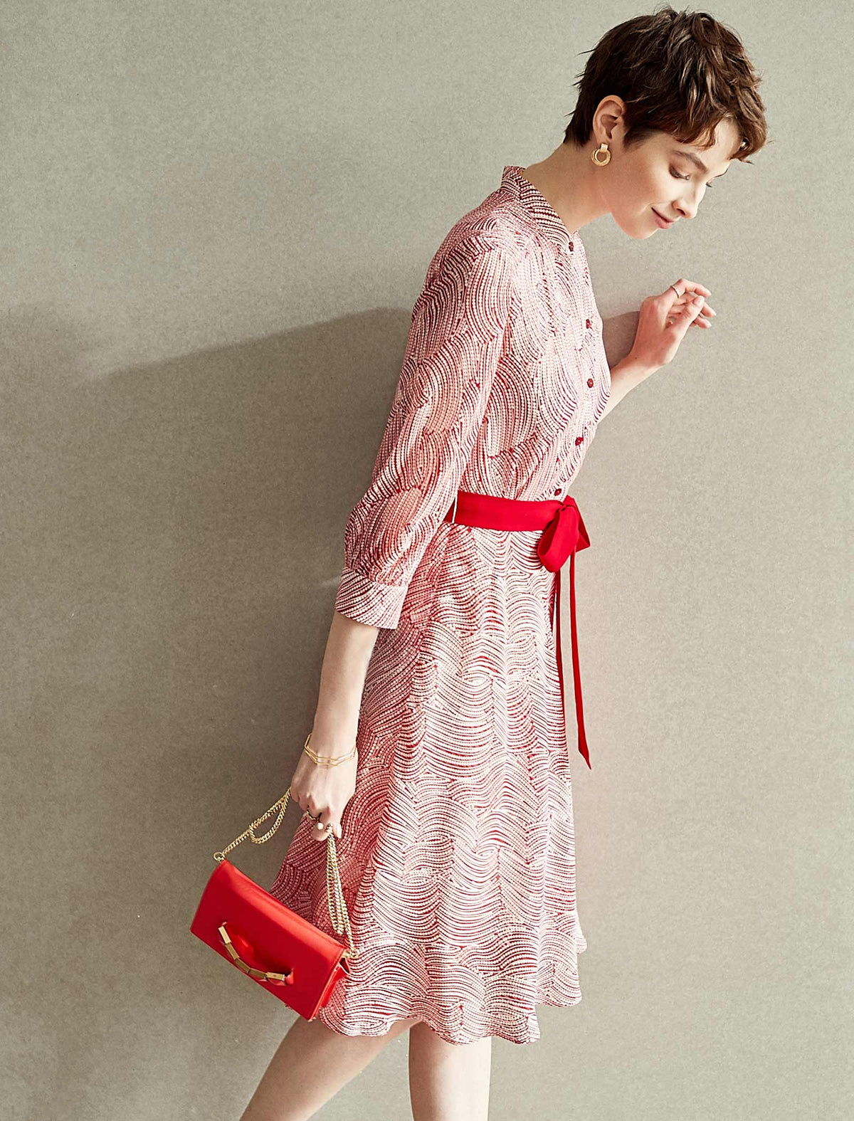 Wave-Print Red Sash Midi Dress