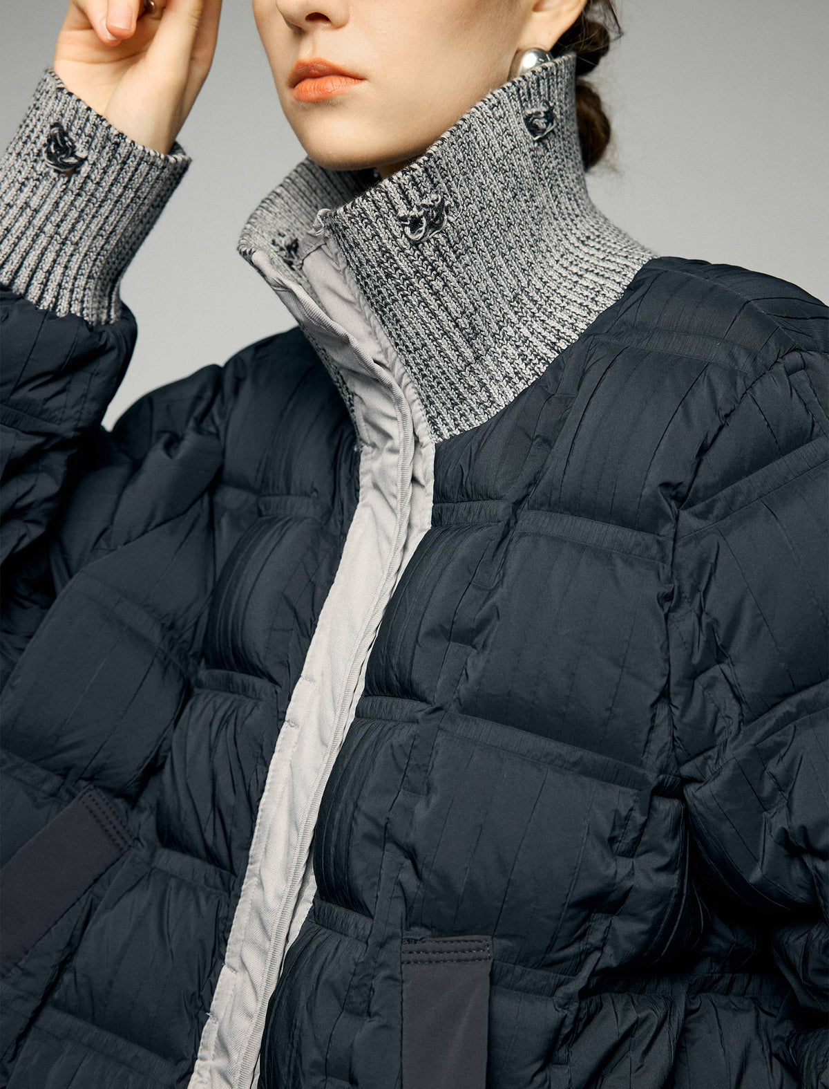 Textured-Trim Contrast-Collar Button-Front Puffer Jacket