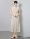 Wave Lace Boat Neck Belted Pleated Midi Dress