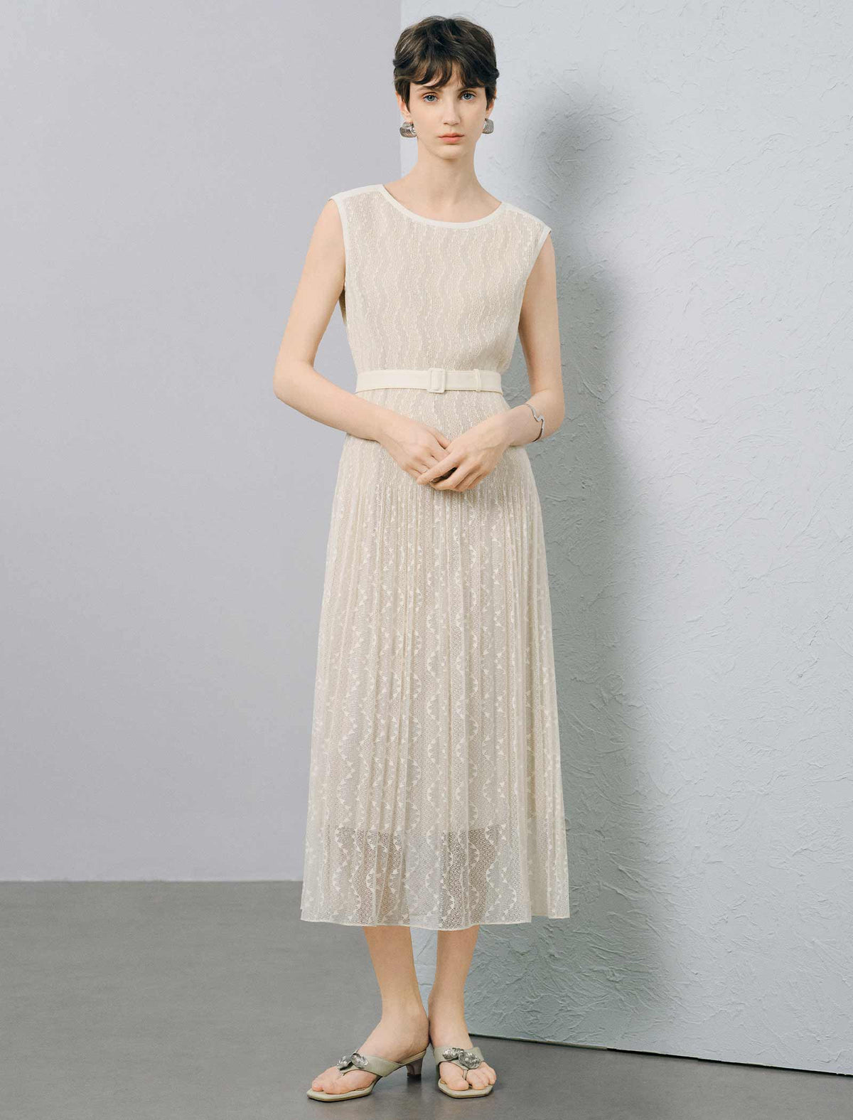 Wave Lace Boat Neck Belted Pleated Midi Dress