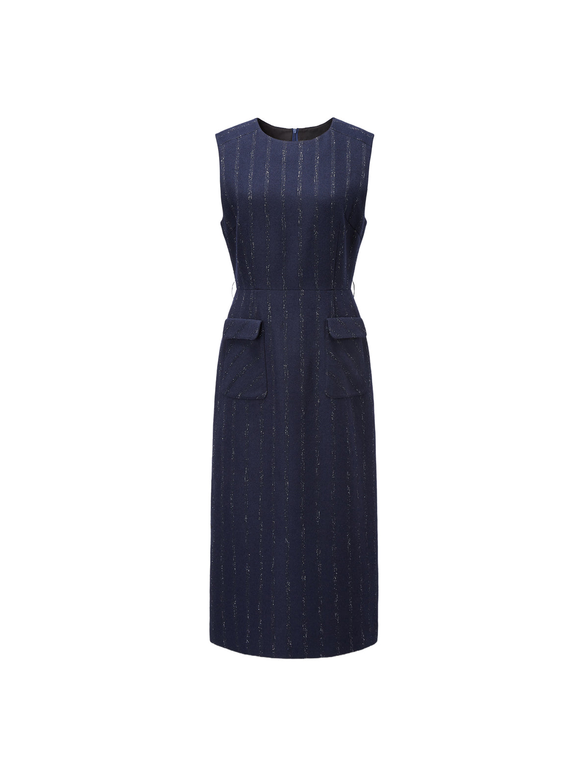 Wool Blend Pinstripe Sleeveless Sheath Midi Dress
