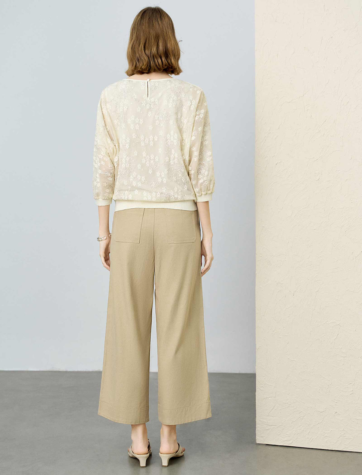 Embroidered Mesh 3/4 Sleeve Blouse