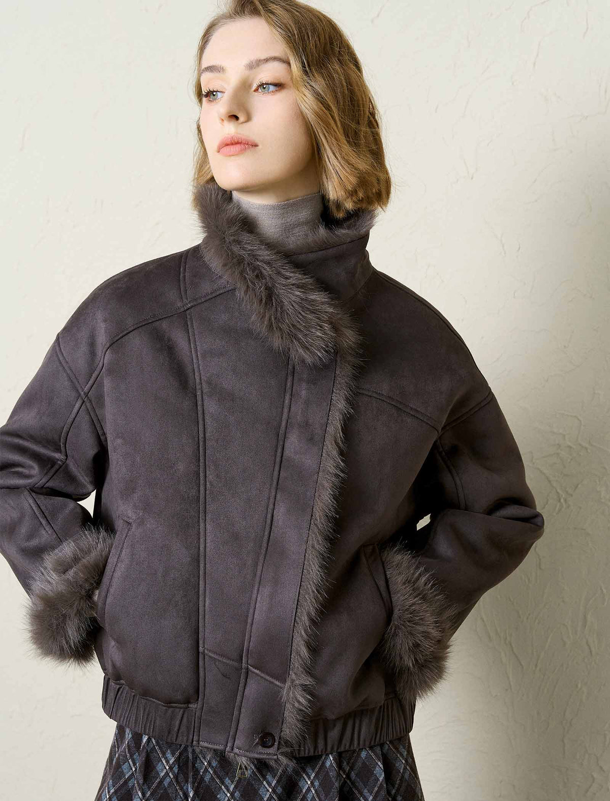 Faux Suede Fur Trim Cropped Jacket