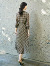 Houndstooth Print Pleated Midi Shirt Dress