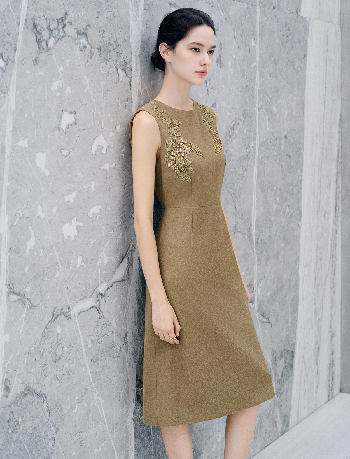 Wool Blend Embroidered Sleeveless Midi Dress