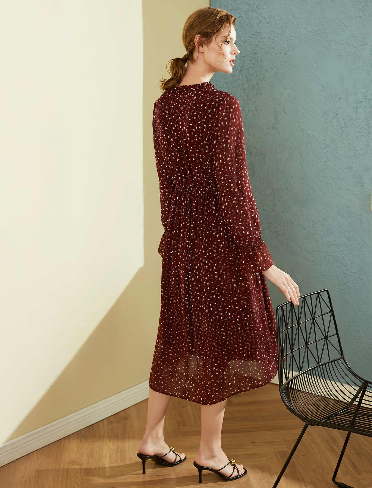 Burgundy Ditsy-Print Long-Sleeve Midi Dress