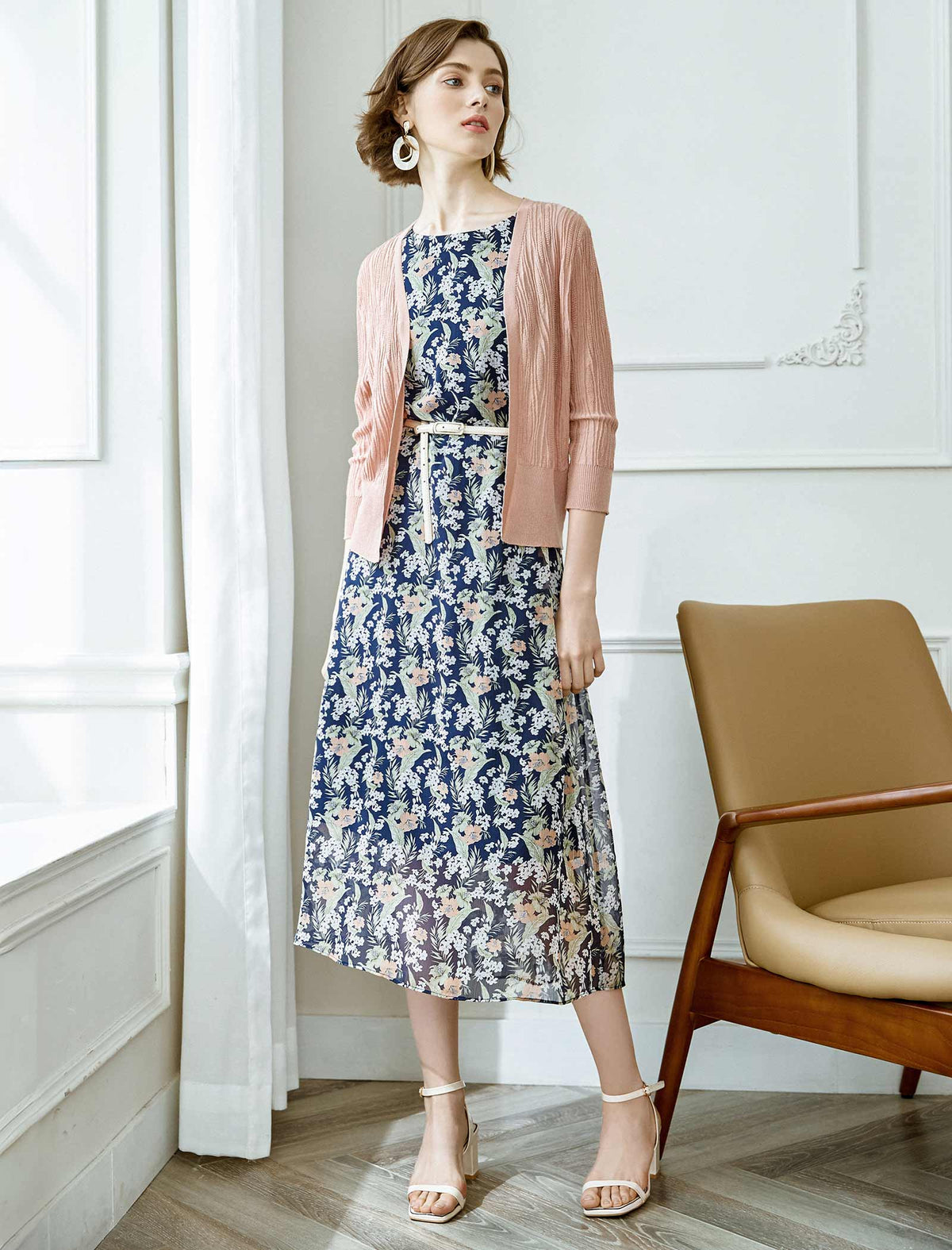 Chiffon Tie-Waist Floral Sleeveless Dress