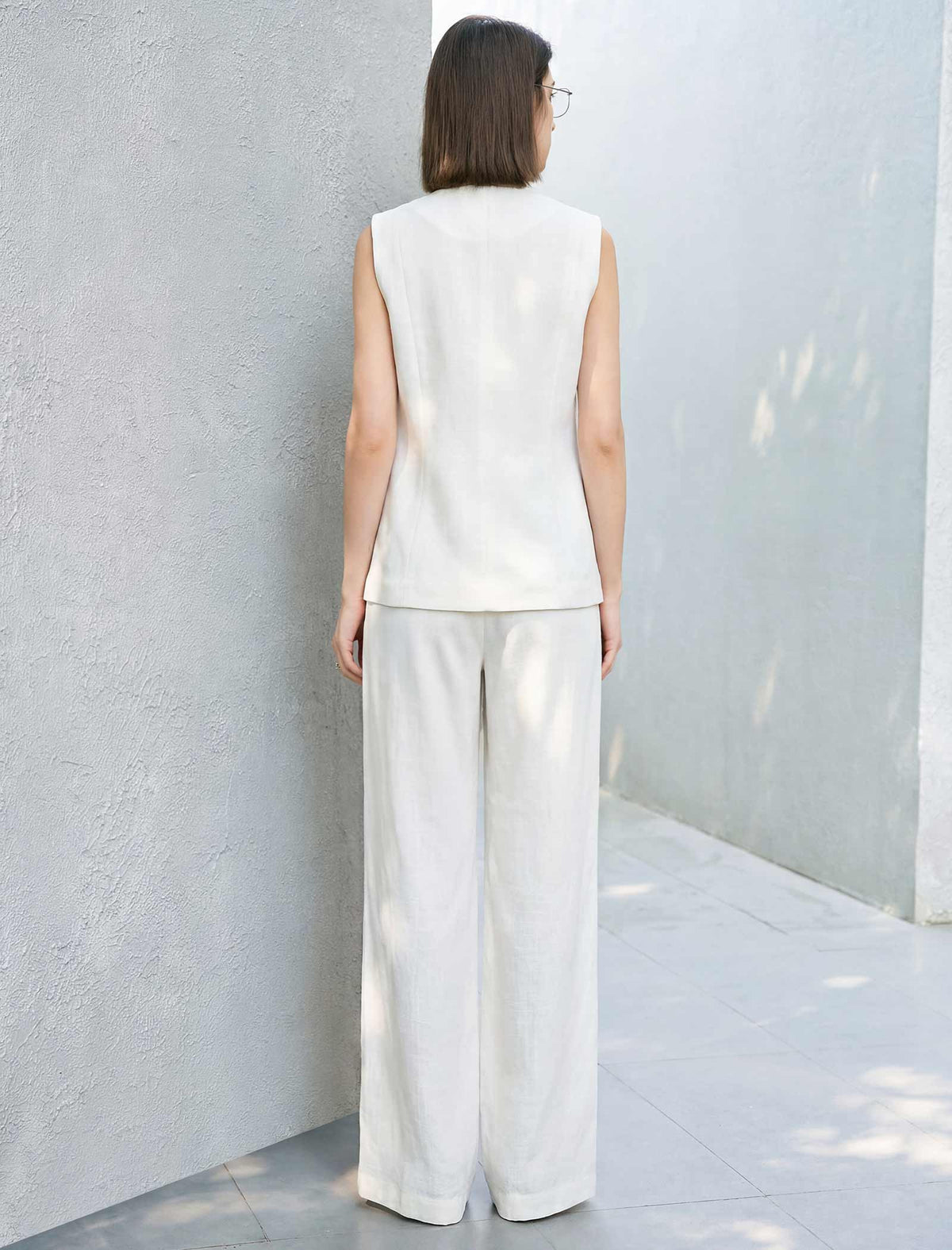 Off-White Linen Blend High Waist Wide Leg Pants