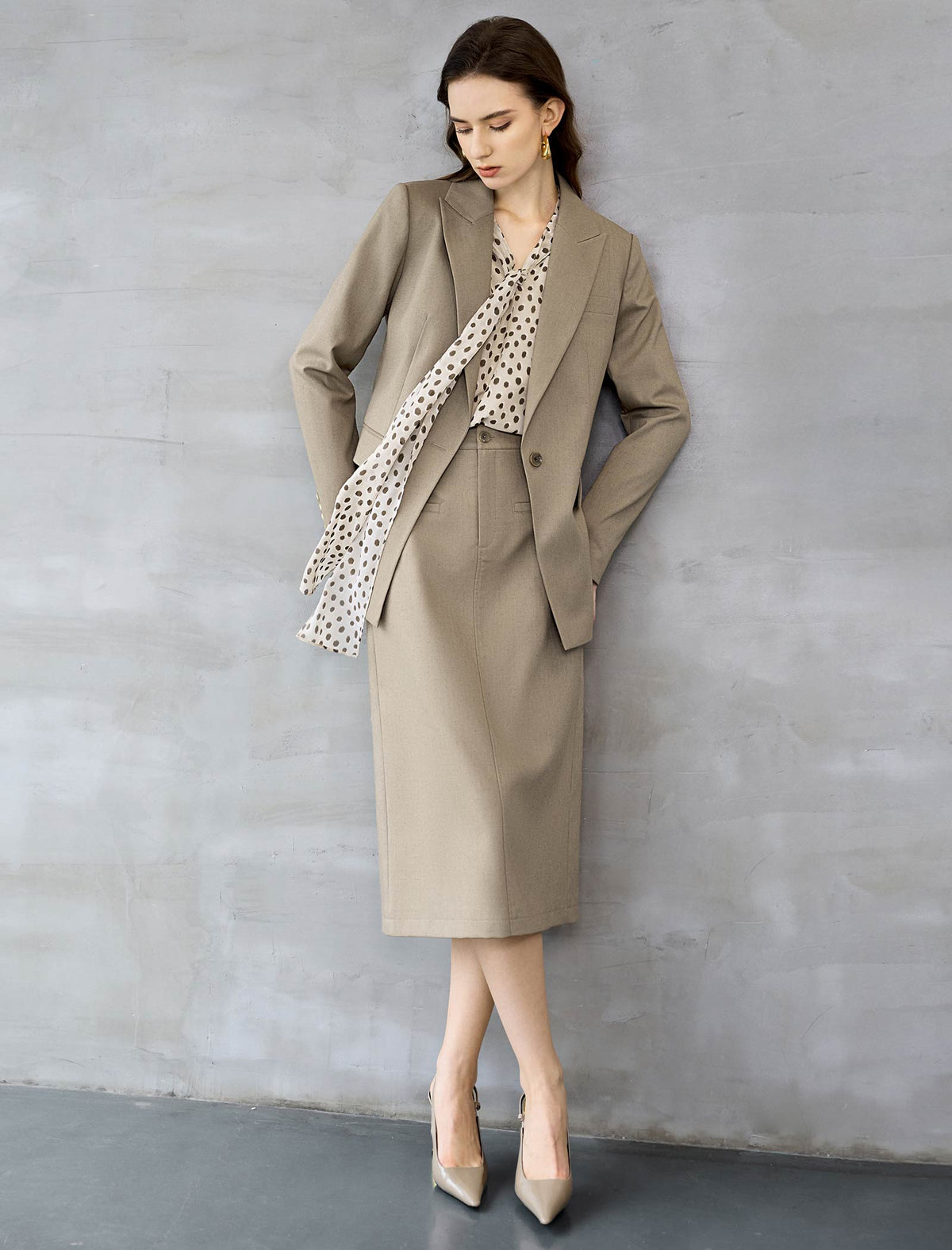 Oatmeal Ditsy Dot Tie-Neck Blouse