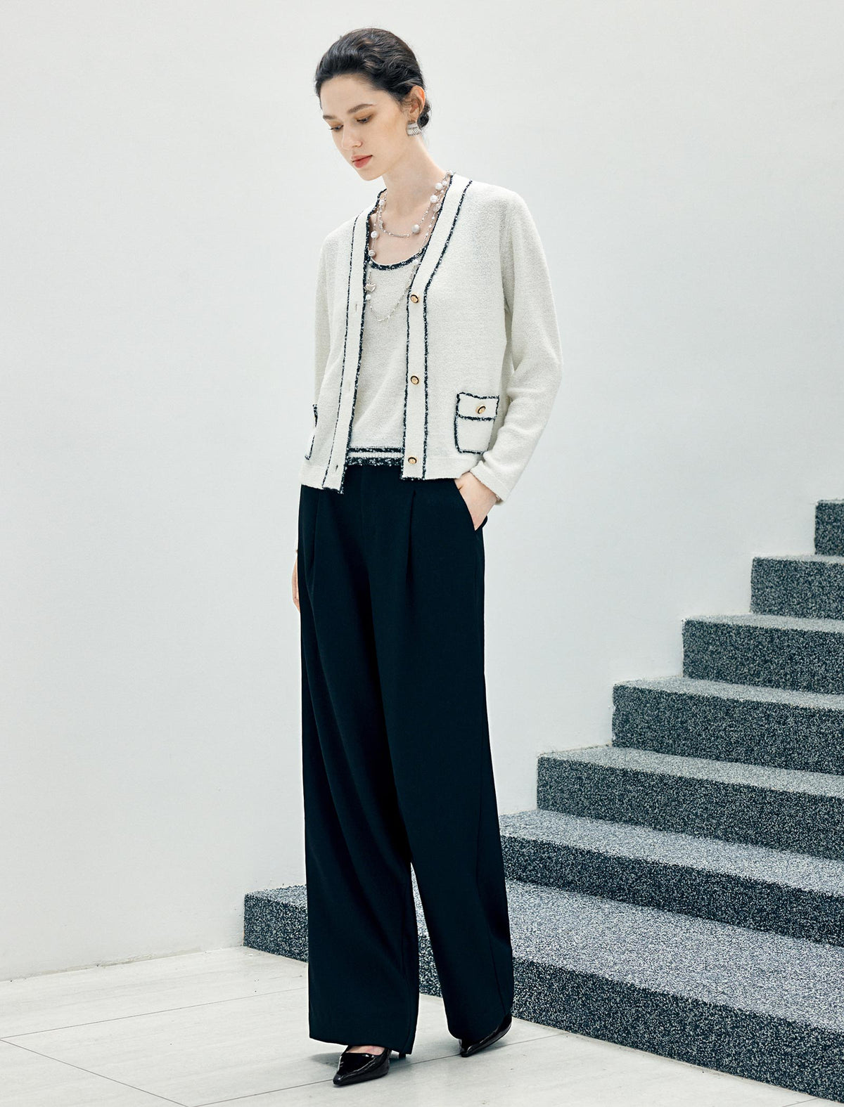 Contrast-Trim Button-Front Cardigan