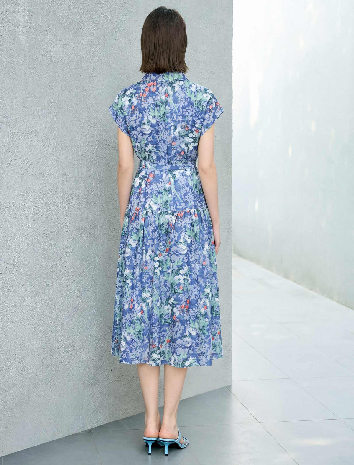 Blue Floral Print Belted Shirt Midi Dress