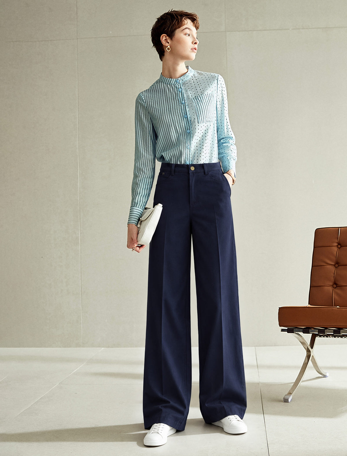 Mixed Stripe and Dot Print Long-Sleeve Blouse with Stand Collar
