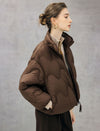 Wave-Quilted Stand-Collar Balloon-Sleeve Cropped Puffer Jacket