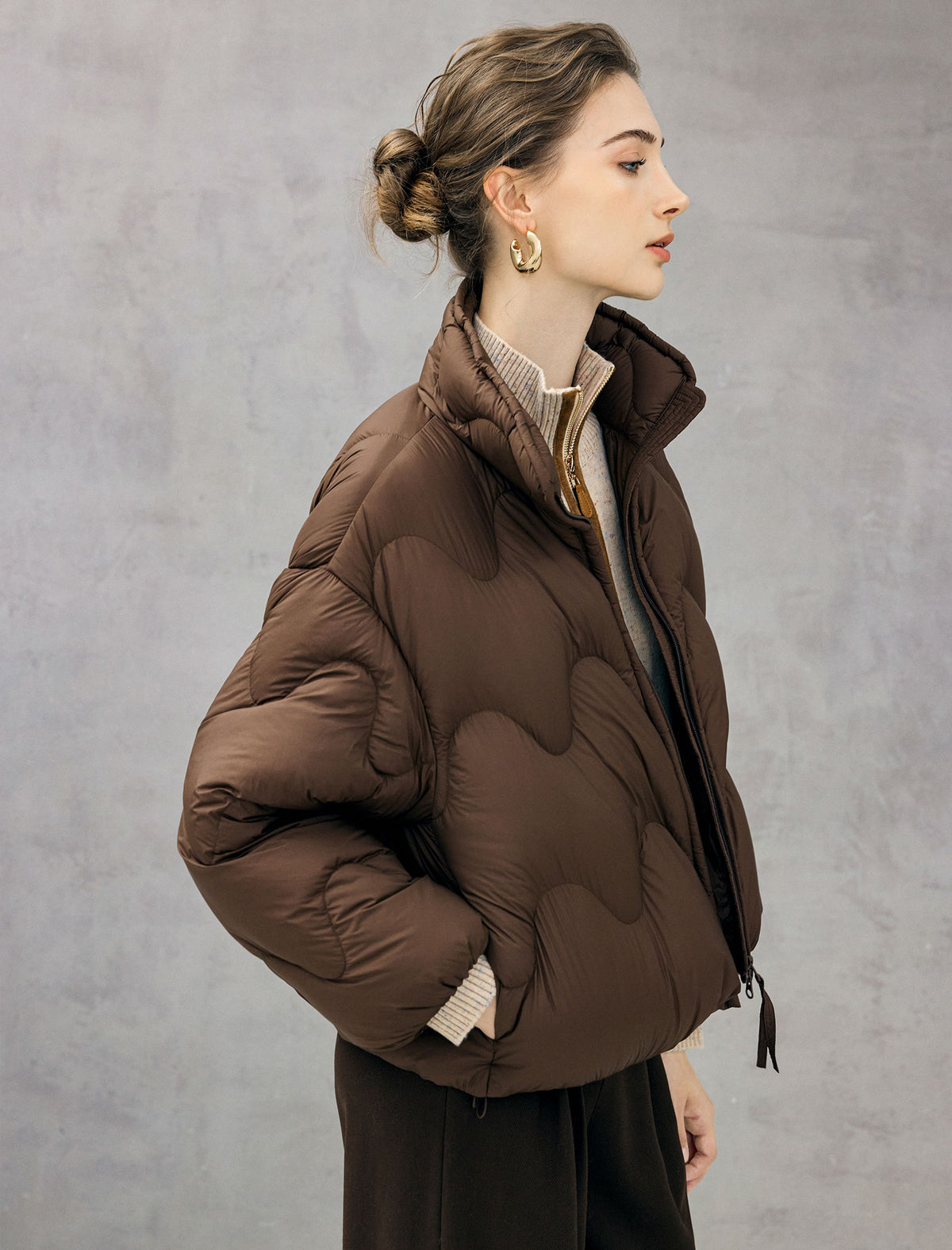 Wave-Quilted Stand-Collar Balloon-Sleeve Cropped Puffer Jacket
