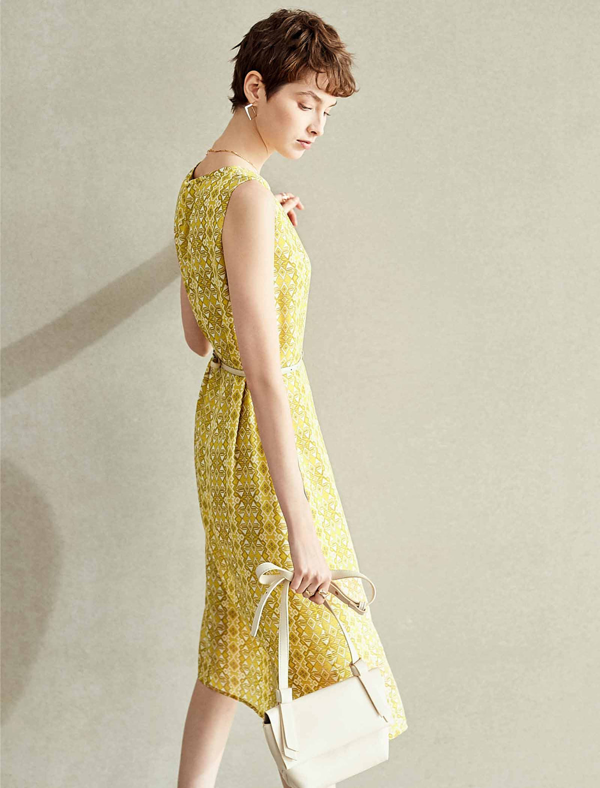 Yellow Geometric Print Sleeveless Midi Dress