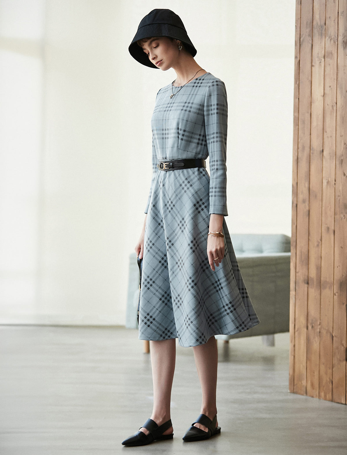 Plaid Crewneck Belted Midi Dress