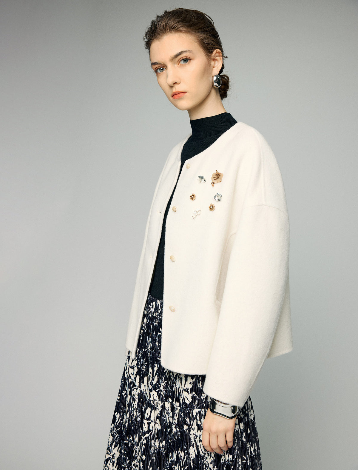 Wool Blend Beaded Floral Applique Crewneck Cropped Jacket