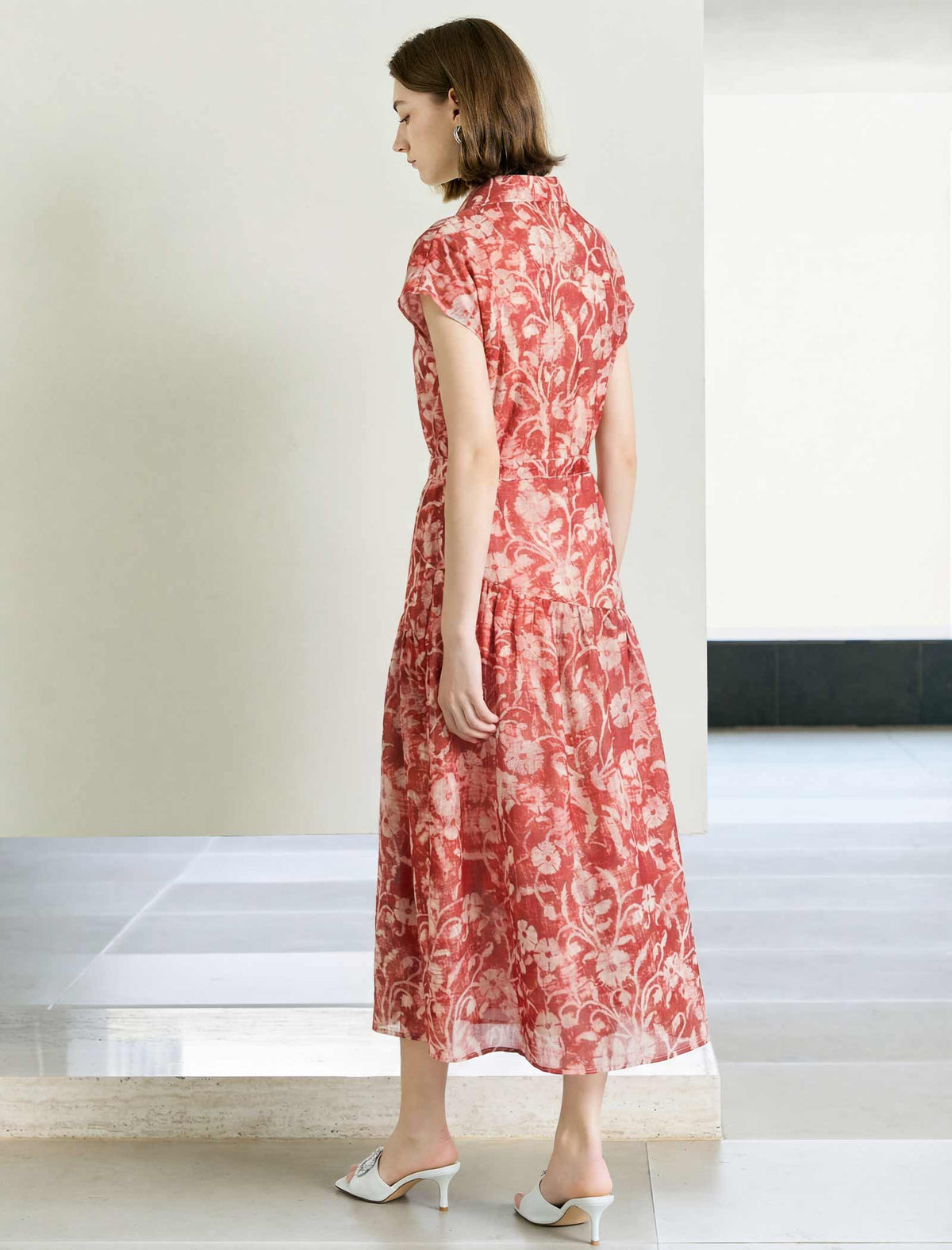 Rust Red Tie-Dye Floral Print Button-Down Midi Shirt Dress