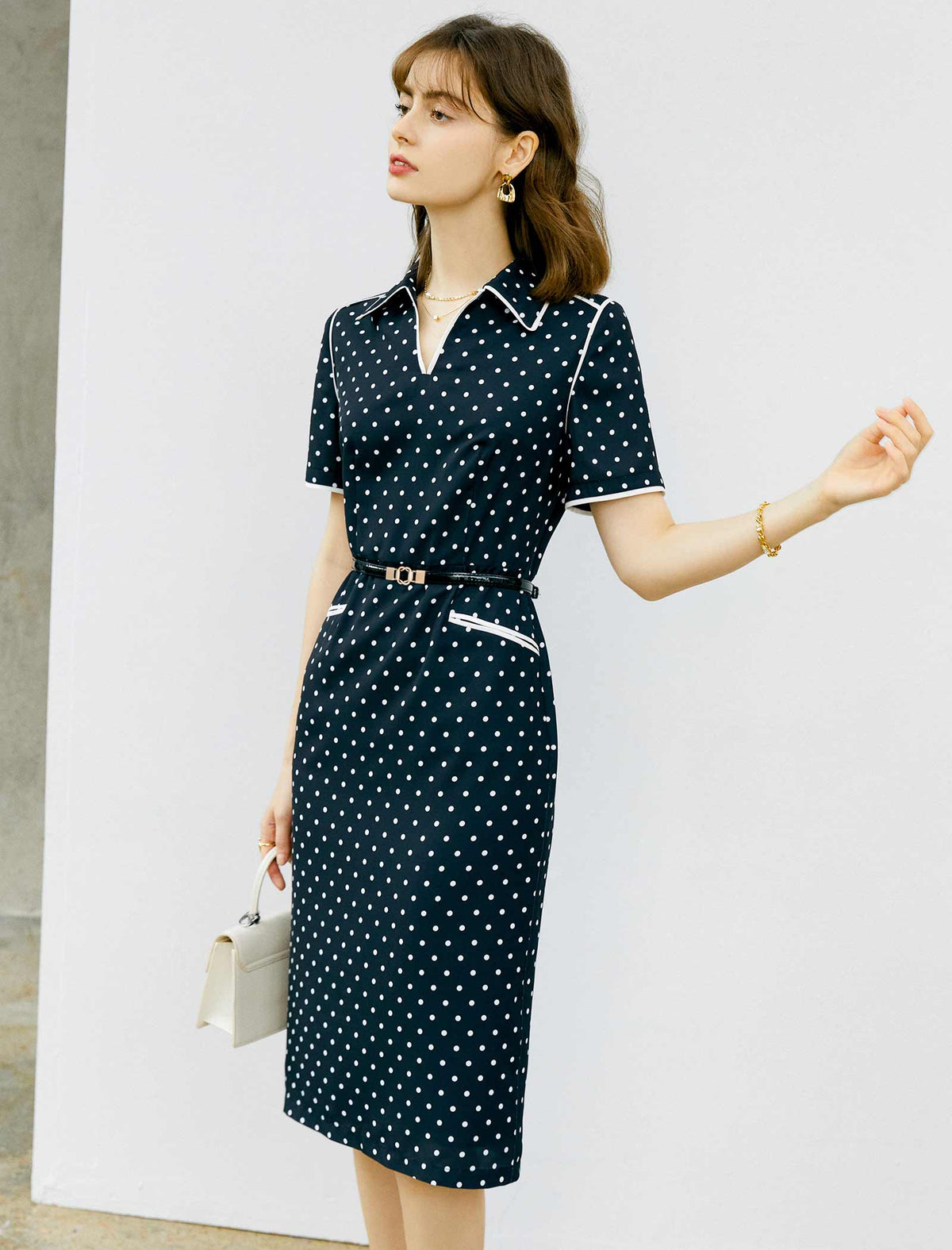 V-Neck Polka Dot Waist-Cinched Fitted Dress