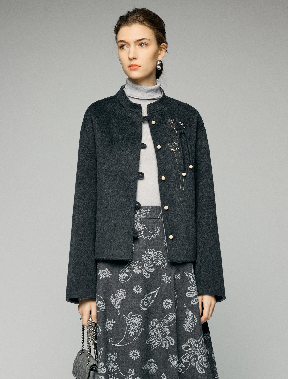 Wool Blend Frog-Button Fringe-Trim Stand-Collar Cropped Jacket