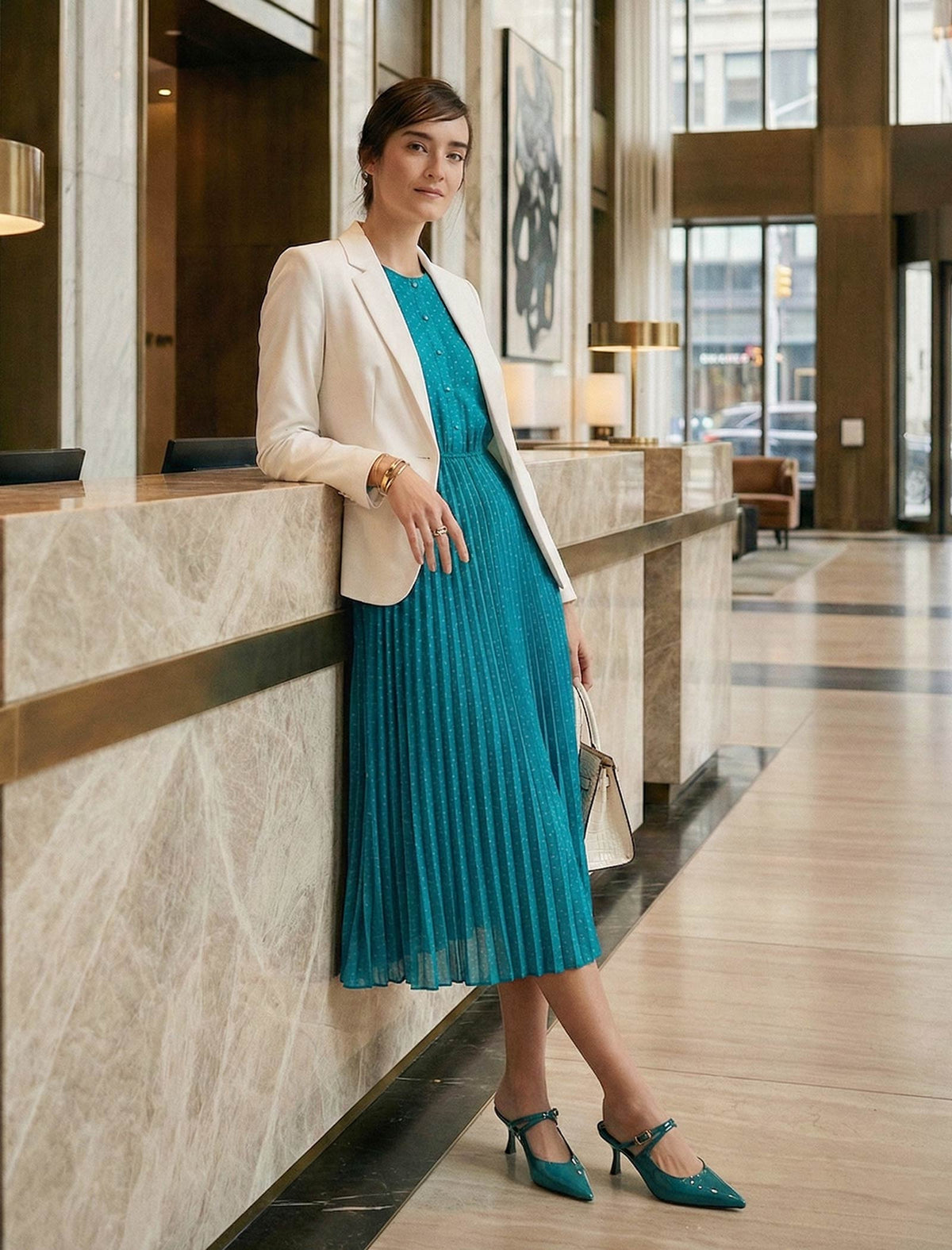 Teal Polka-Dot Pleated Midi Dress