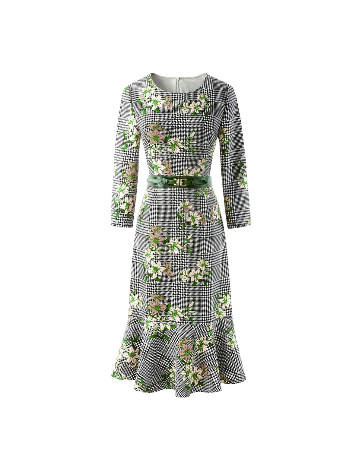Floral Print Crewneck Belted Dress