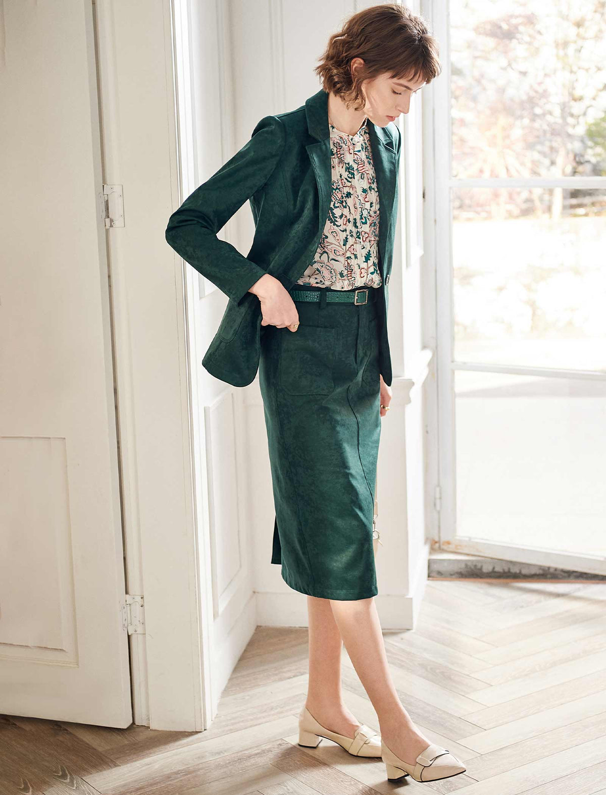 Floral Gathered Detail Mock-Neck Blouse