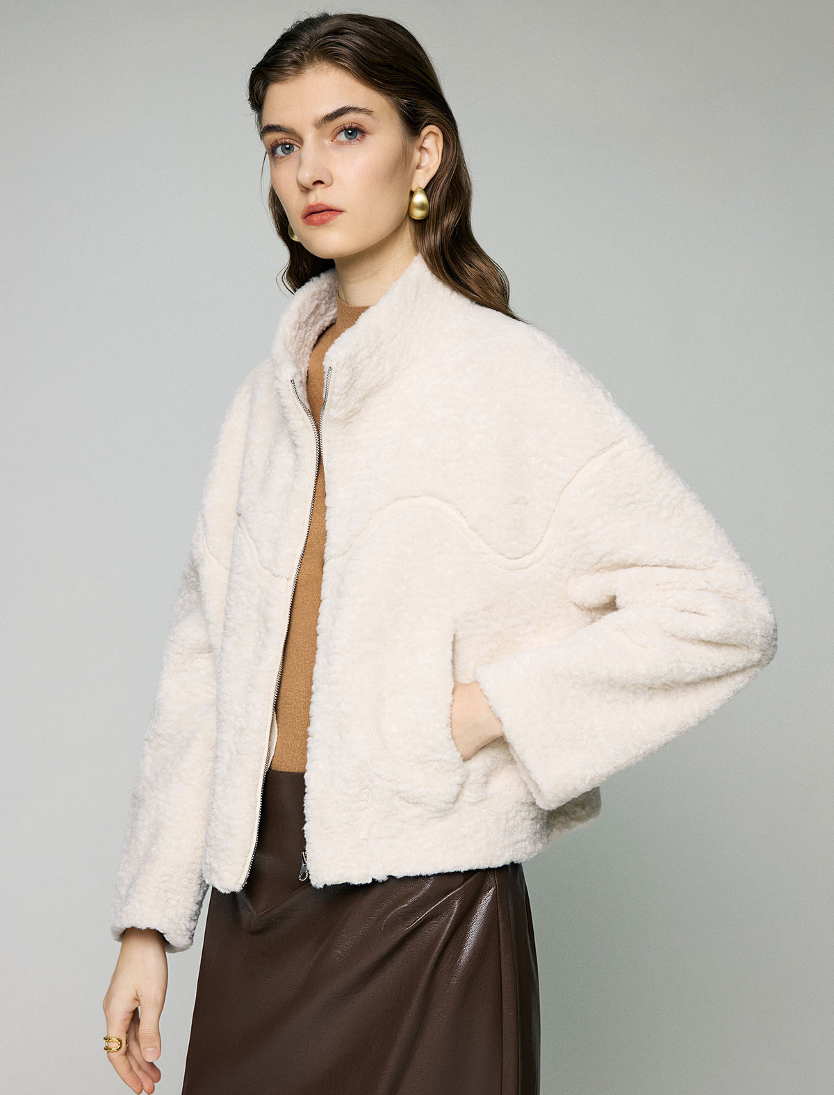 Stand-Collar Contrast-Panel Zip-Front Cropped Jacket