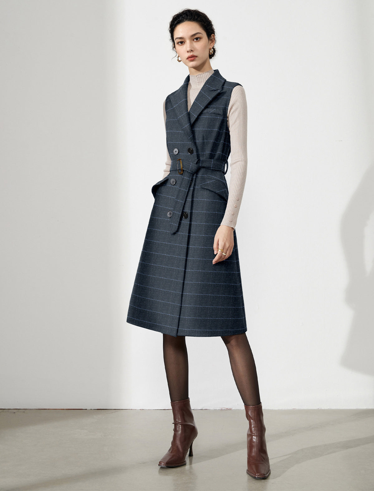 Wool Blend Sleeveless Belted Dress