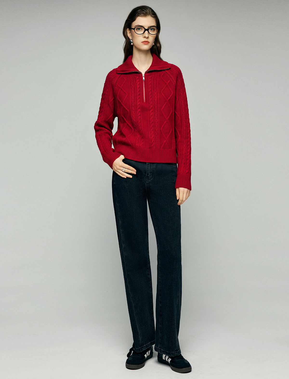 Wool Blend Cable-Knit Collared Half-Zip Sweater