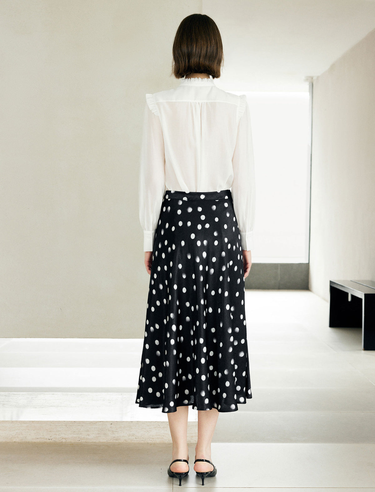 Black Watercolor Polka Dot High Waist Flared Midi Skirt