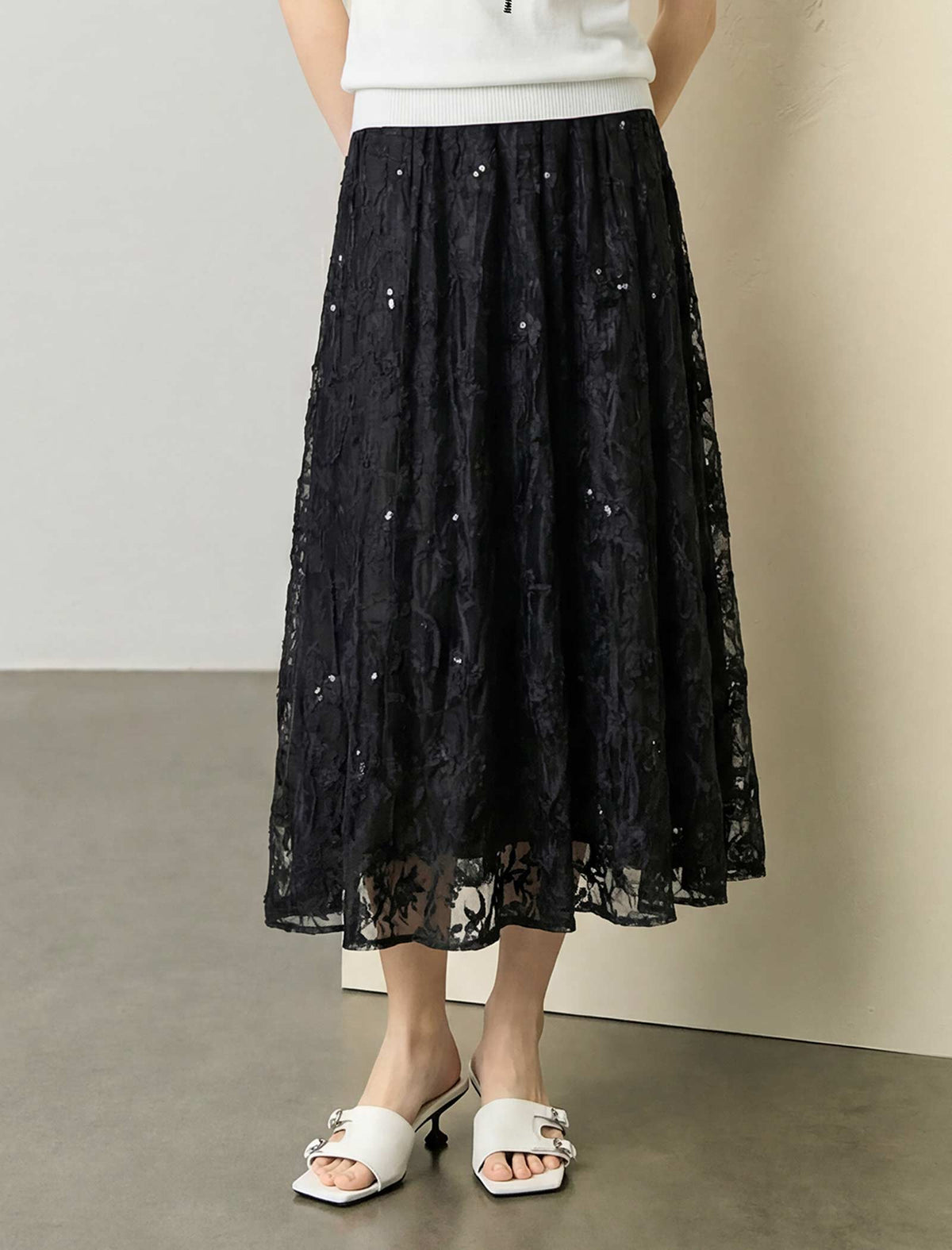 Sequin Floral Lace Midi Skirt