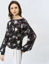 Abstract Floral Print Boat Neck Blouse