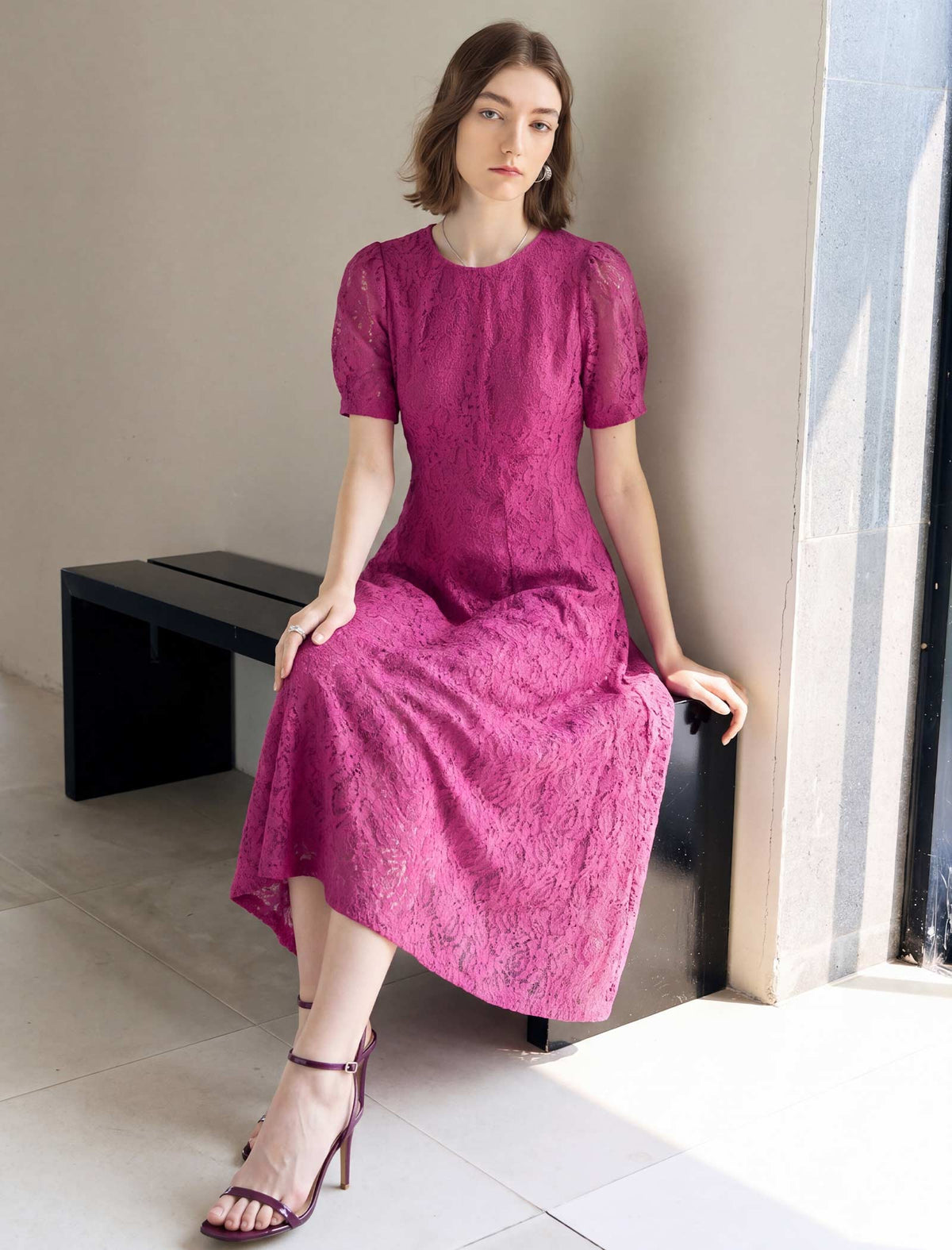 Light Blue Lace A-Line Midi Dress
