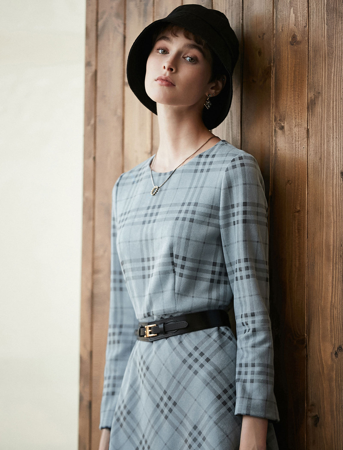 Plaid Crewneck Belted Midi Dress