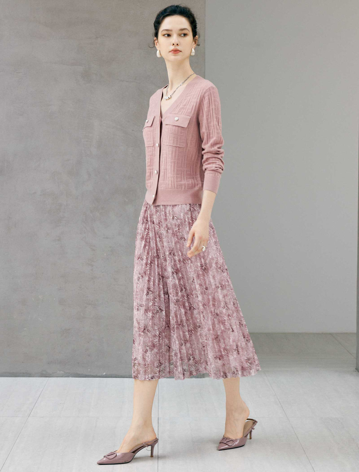 Dusty Pink Lace Pleated Midi Skirt