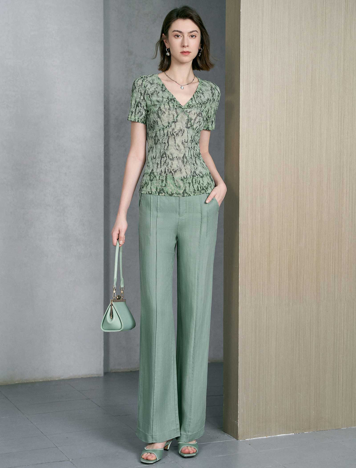 Sage Green Linen Blend High Waist Wide Leg Pants