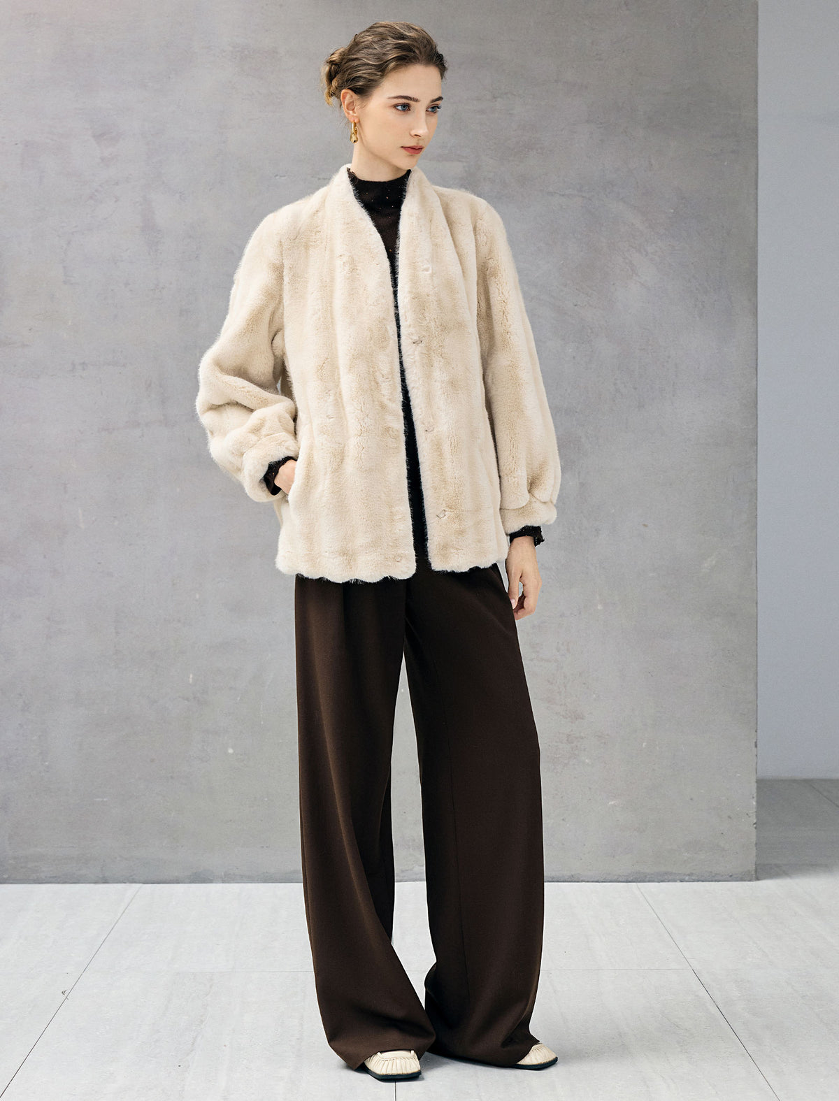 Faux Fur Shawl Collar Long Sleeve Coat