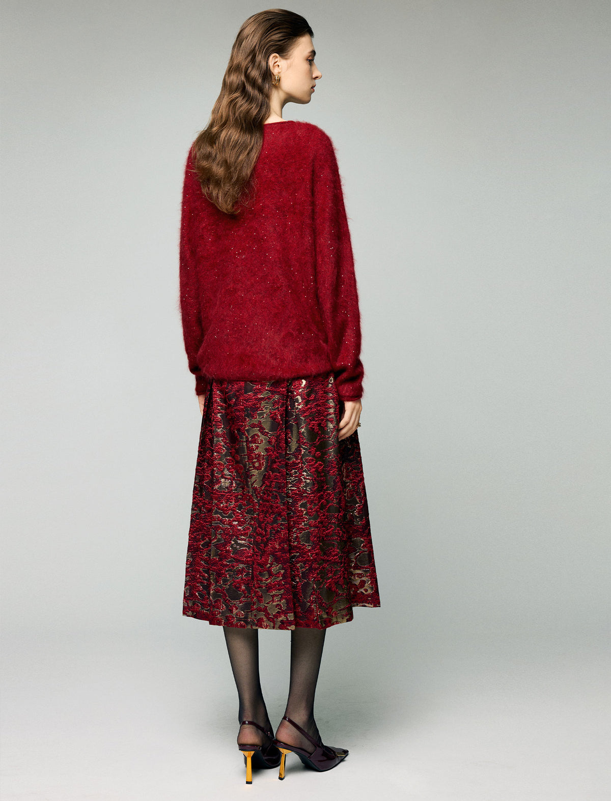 Metallic Floral High-Waist A-Line Midi Skirt