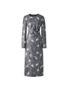 Side-Slit Waist-Cinching Printed Long Sleeve Dress