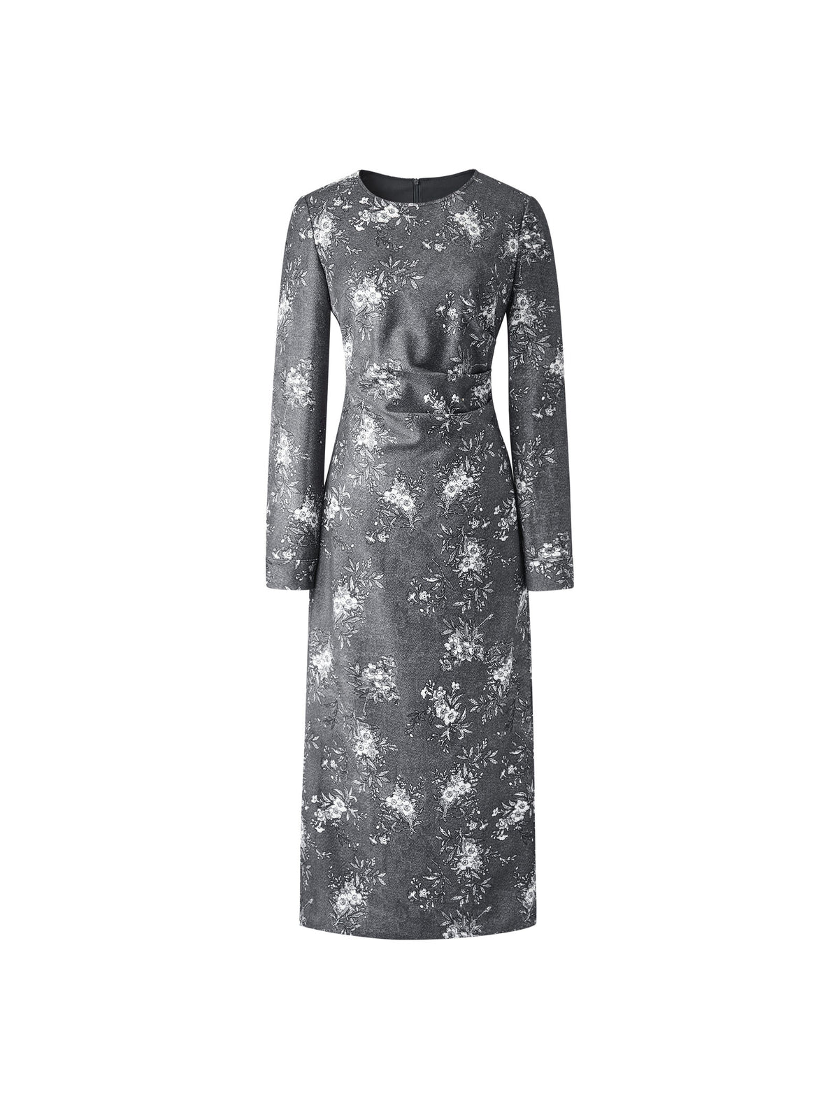 Side-Slit Waist-Cinching Printed Long Sleeve Dress