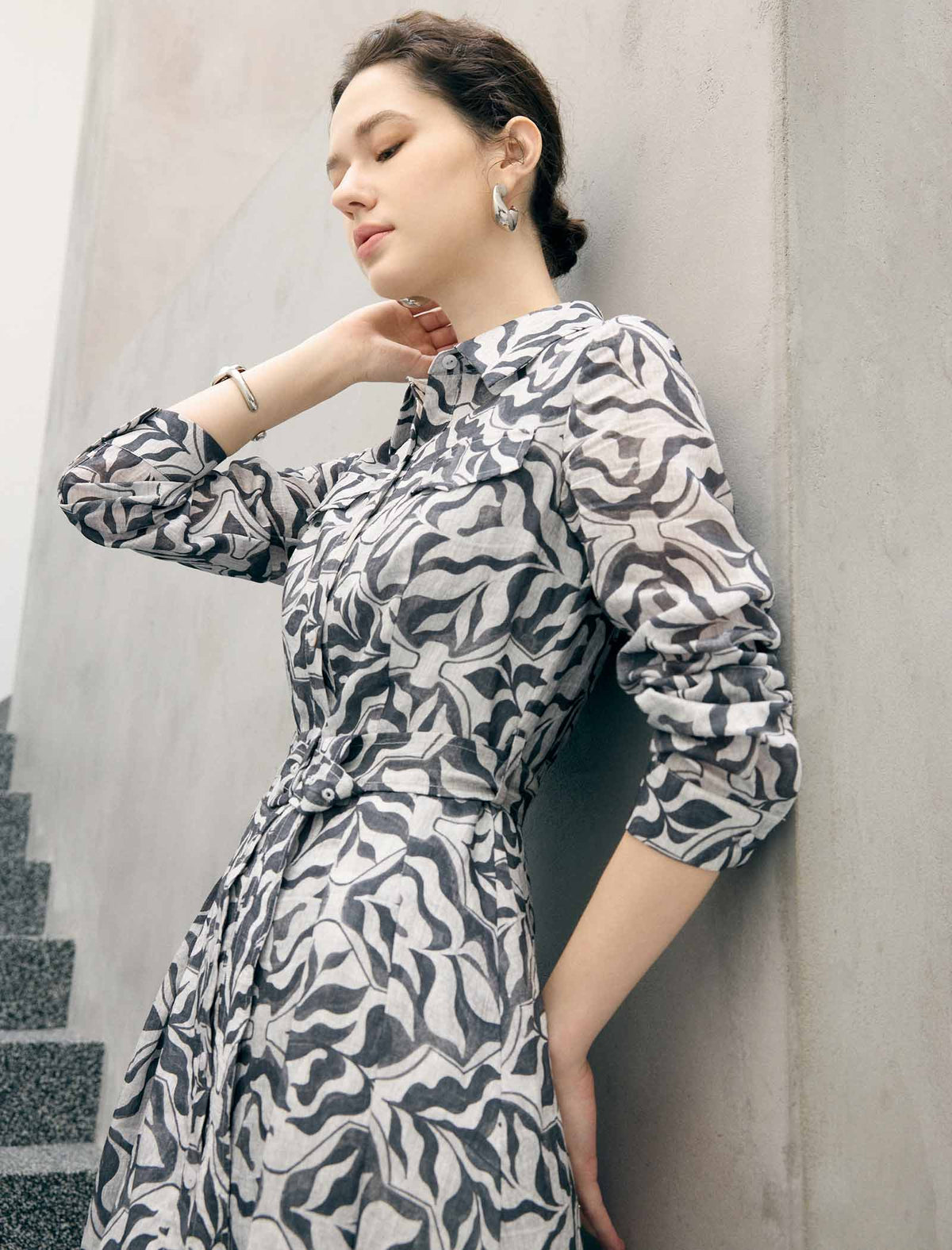 Abstract Floral Print Belted Long Sleeve Midi Shirt Dress