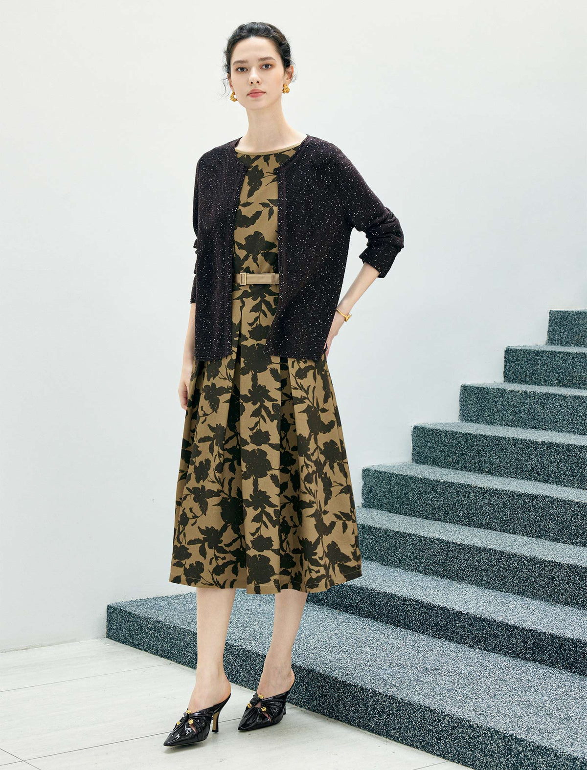 Sleeveless Floral Print Belted Midi A‑Line Dress